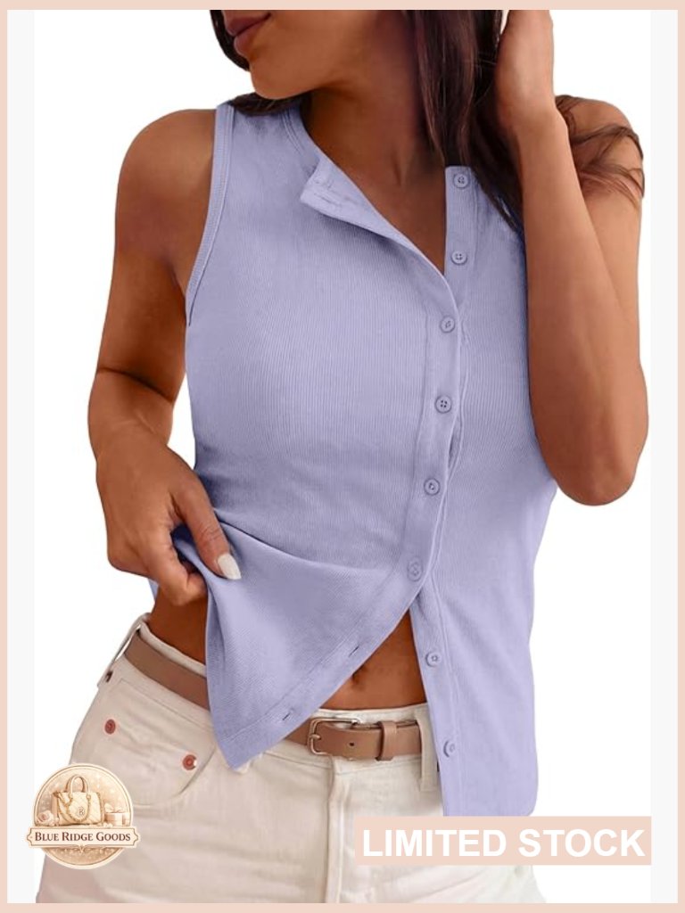 Ribbed Button Down Tank Top Slim Fit Chic Summer Sleeveless Vest